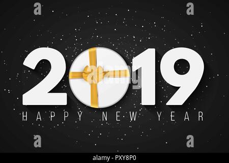 Felice anno nuovo 2019. Brochure di festa. Regalo scatola tonda con nastro di oro e di prua. Polveri di neve su uno sfondo nero. I numeri di carta con un regalo di Natale. Illustrazione Vettoriale