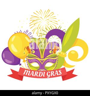 Vettore stile fumetto illustrazione del Mardi Gras festival poster per masquerade party template design colorato con maschera di vacanza, palloncini e fuochi d'artificio Illustrazione Vettoriale