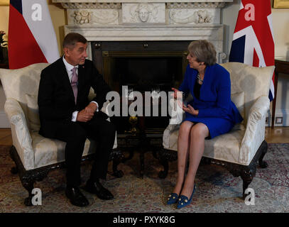 Londra, Regno Unito. 24 ott 2018. Primo ministro ceco Andrej Babis, sinistra, incontra il suo omologo britannico Theresa Maggio a Londra, durante la sua visita di lavoro in Gran Bretagna su Mercoledì, 24 ottobre 2018. Credito: Michal Krumphanzl/CTK foto/Alamy Live News Foto Stock