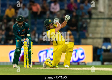 Abu Dhabi, negli Emirati Arabi Uniti. 24 ott 2018. Nathan Coulter-Nile dell Australia è respinto e perde il suo bat durante la 1T20 International tra il Pakistan e l'Australia in Sheikh Zayed Stadium, Abu Dhabi, negli Emirati Arabi Uniti il 24 ottobre 2018. Foto di concedere l'inverno. Credit: UK Sports Pics Ltd/Alamy Live News Foto Stock