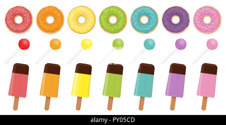 Caramelle pattern. Ciambelle colorate, ghiaccioli e lollipop. Rainbow Collezione colorata. Foto Stock