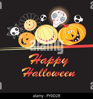 Halloween biglietto di auguri con divertenti zucche e teschi su sfondo scuro Illustrazione Vettoriale