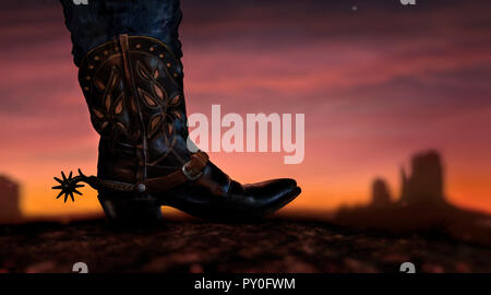 Cowboy boot e guanti in distanza al tramonto, Monument Valley, Arizona, Stati Uniti d'America Foto Stock