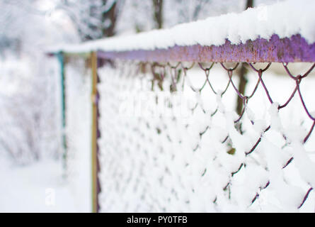 Primo piano di una maglia di colore viola recinto coperto di uno strato spesso di fresco bianco neve soffice contro gli alberi sfocati sullo sfondo. Inverno freddo giorno di gennaio Foto Stock