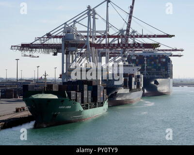 AJAXNETPHOTO. 2018. DUNKERQUE, Francia. - Spedizione di merci - costiere e OCEAN andando navi container carico al terminale de Flandre. Foto:JONATHAN EASTLAND/AJAX REF:GX8 182009 870 Foto Stock