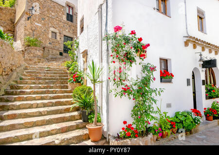 Antiche scale in pietra e la pittoresca facciata di casa nel centro storico di Tossa de Mar Costa Brava Catalogna Foto Stock