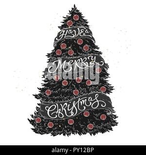 Lettering spazzola saluto collocato in una forma di un albero di Natale decorato e dicendo hanno un buon Natale. Ottimo per poster, biglietti d'auguri. Illustrazione Vettoriale