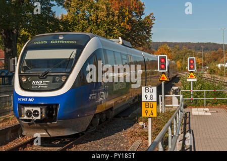 Treno locale che arrivano a Bad Driburg stazione, NRW, Germania. Foto Stock