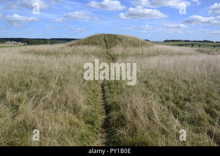 Cursus carriole. Antichi tumuli o tumuli in Stonehenge Cursus sul paesaggio di Stonehenge, Wiltshire, Inghilterra, Regno Unito Foto Stock