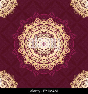 Vector mandala design pattern di sfondo con colore rosso e oro per la carta da parati, sfondo, texture, tessuto, tessile, ecc. Foto Stock