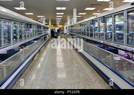 Corridoio per lo shopping di prodotti surgelati, supermercato Tesco, armadi frigoriferi interni, tra cui deserti, gelaterie, catena di distribuzione di gelati a Londra, Inghilterra, Regno Unito Foto Stock