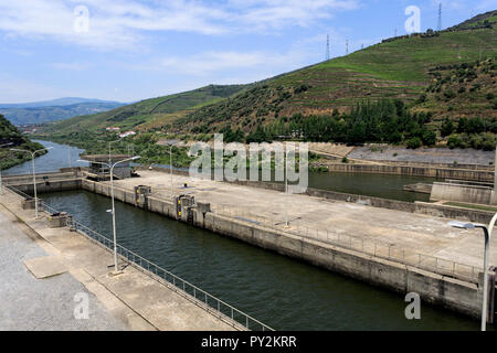 Vista della serratura della diga Regua, chiamato anche Bagauste Dam, nel fiume Douro, Portogallo. La serratura è 90m di lunghezza, 12.1m di larghezza. Foto Stock