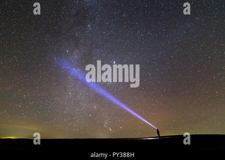 Silhouette nera dell'uomo con testa torcia elettrica permanente sulla verde campo erboso, lungo raggio blu in tutta bella estate scuro cielo stellato. La bellezza di Natura Foto Stock