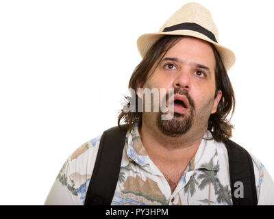 Fat barbuto turistico caucasica man looking esaurito Foto Stock