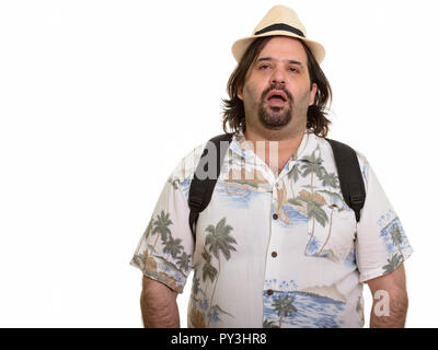 Fat uomo caucasico cercando stanco pronto per le vacanze Foto Stock