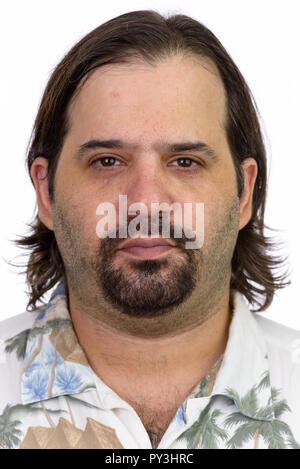 La faccia di grasso caucasica uomo turistico guardando la fotocamera Foto Stock