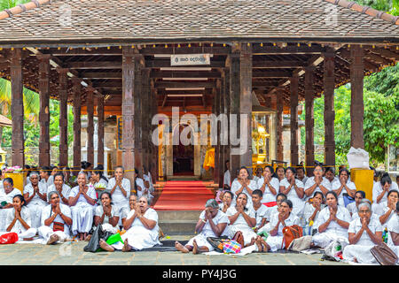 Pellegrini in preghiera nel cortile dedicato alla divinità presso il Tempio della Reliquia del Dente, Kandy, Sri Lanka Foto Stock