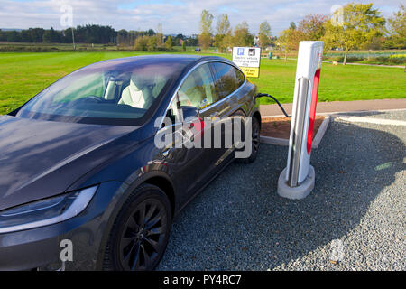Auto carica di Tesla. La carica elettrica punto, Regno Unito Foto Stock
