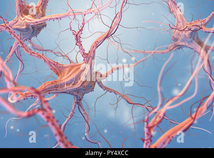 I neuroni e sistema nervoso. 3D render di cellule nervose. 3D illustrazione Foto Stock