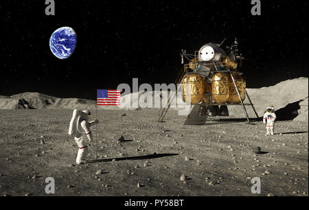 Gli astronauti impostare una bandiera americana sulla luna. 3D'illustrazione. Foto Stock