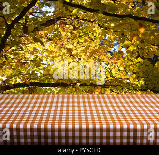 Tabella vuota con orange gingham tovaglia su foglie di autunno sfondo. Ottimo per la visualizzazione del prodotto montaggi Foto Stock