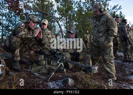 Rena, Norvegia. 23 Ott, 2018. Come parte dell'esercitazione Nato Trident frangente 2018, francese cecchini del 3e Régiment d'Infanterie de marine e British cecchini del 1° Battaglione, Royal Irish Regiment, sono giunto conduttore sniper training. Credito: Sgt Marc-andré Gaudreault/JFC Brunssum/dpa - Achtung: Nur zur redaktionellen Verwendung und nur mit vollständiger Nennung des vorstehenden Crediti/dpa/Alamy Live News Foto Stock