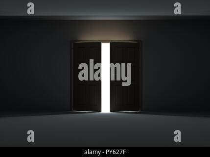 Porte con apertura per mostrare luminosa luce nel buio Foto Stock
