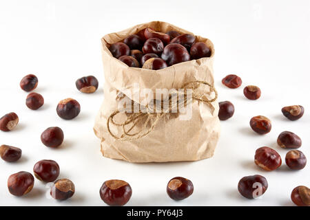 Le castagne in sacchetto di carta su sfondo bianco. Foto Stock