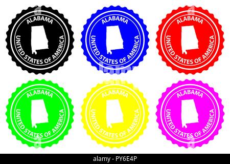 Alabama - timbro di gomma - vettore, Alabama (Stati Uniti d'America) Mappa del modello - adesivo - nero, blu, verde, giallo, viola e rosso Illustrazione Vettoriale