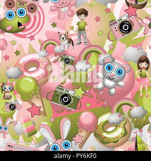 Modello senza cuciture con infantile in stile cartoon elementi, un ragazzo e una ragazza, animali domestici. Concetto di bambino texture di sfondo Illustrazione Vettoriale