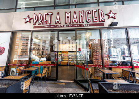 Washington DC, Stati Uniti d'America - 9 Marzo 2018: PRET A Manger cafe restaurant sign closeup sulla costruzione nella città capitale, esterno, in Farragut West Foto Stock