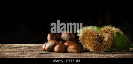 Le castagne e chestnut bur sul tavolo di legno e sfondo nero con copia spazio. Foto Stock