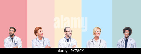 Collage di professionisti medici su strisce colorate isolato sorridente background cercando lato e lo sguardo lontano pensando. Foto Stock