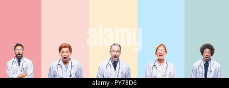 Collage di professionisti medici su strisce colorate sfondo isolato paura e scioccato con sorpresa di espressione, paura ed entusiasti di faccia. Foto Stock
