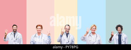 Collage di professionisti medici su strisce colorate isolato che mostra sfondo e rivolta verso l'alto con le dita in numero tre mentre sorridente fiducioso un Foto Stock