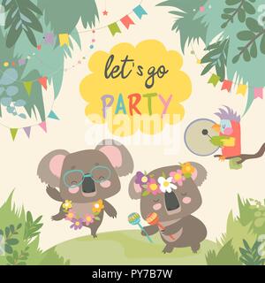 Graziosi koala ballando con un amico sul prato Illustrazione Vettoriale