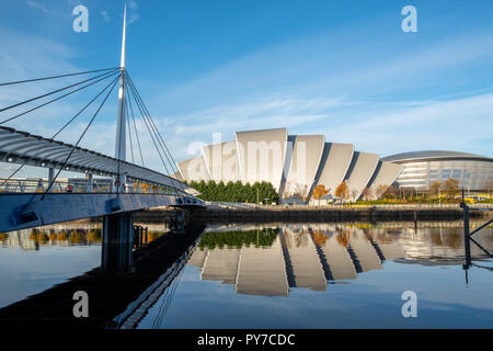 Bells Bridge & SECC, sul fiume Clyde, Glasgow, Scotland, Regno Unito Foto Stock