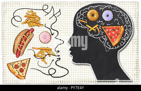 Addiction illustrato con Fast Food e il cervello in classico stile di disegno su carta e il cibo al di fuori di testa femmina raffigura un male, abstract il cibo spazzatura Foto Stock