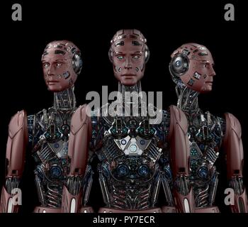 Gruppo di robot o molto dettagliata cyborg futuristico. Tre umanoidi in piedi e guardando in giro. Vista anteriore su sfondo nero 3D illustrazione Foto Stock