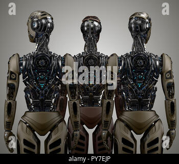 Gruppo di robot o molto dettagliata cyborg futuristico. Tre umanoidi in piedi e guardando in giro. Vista posteriore su sfondo grigio. 3D illustrazione Foto Stock