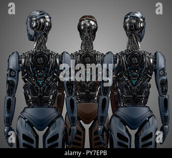 Gruppo di robot o molto dettagliata cyborg futuristico. Tre umanoidi in piedi e guardando in giro. Vista posteriore su sfondo grigio. 3D illustrazione Foto Stock