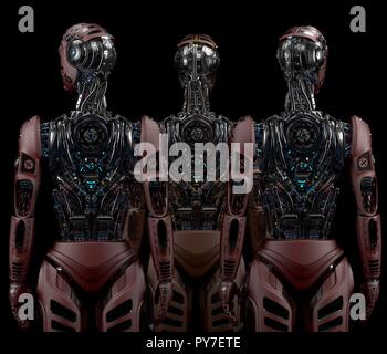 Gruppo di robot o molto dettagliata cyborg futuristico. Tre umanoidi in piedi e guardando in giro. Vista posteriore su sfondo nero. 3D illustrazione Foto Stock