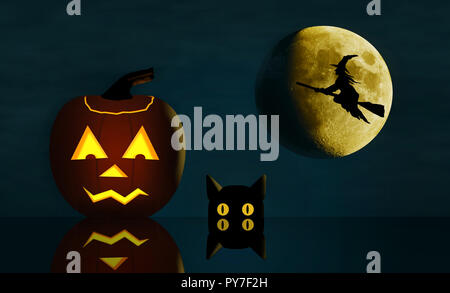 Qui è un illustrazione di Halloween con un incandescente jack-o-lantern, un spaventati gatto nero e una strega su una scopa. Foto Stock