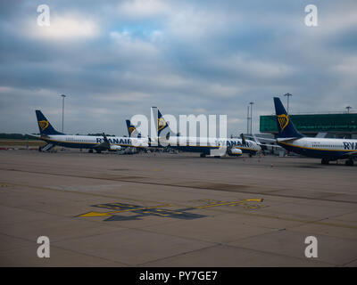 Piani di Ryanair parcheggiato all'Aeroporto Stansted di Londra, Essex, Inghilterra. Foto Stock