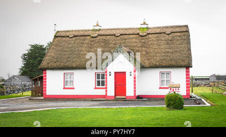 Un tradizionale cottage con tetto in paglia vicino alla città di Headford nella Contea di Galway, Irlanda. Foto Stock