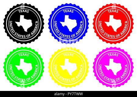 Texas - timbro di gomma - vettore, Texas (Stati Uniti d'America) Mappa del modello - adesivo - nero, blu, verde, giallo, viola e rosso Illustrazione Vettoriale