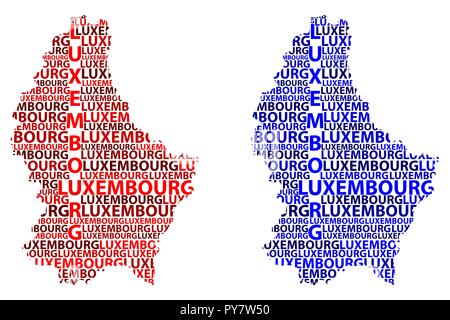 Schizzo Lussemburgo testo lettera mappa, Granducato del Lussemburgo - nella forma del continente, Mappa Lussemburgo - il rosso e il blu illustrazione vettoriale Illustrazione Vettoriale