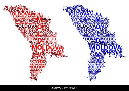 Schizzo della Moldavia testo lettera mappa, Repubblica di Moldavia - nella forma del continente, Mappa Moldavia - il rosso e il blu illustrazione vettoriale Illustrazione Vettoriale
