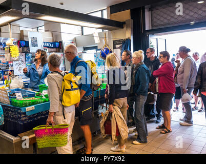 Femmina bretone pescivendolo mercato del pesce CONCARNEAU HALLES Concarneau affollato mercato del pesce in stallo con la fresca locale display crostacei in vendita Bretagna Francia