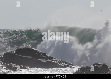 Grandi onde si infrangono in una giornata di sole. Portoghese settentrionale costa rocciosa. Foto Stock